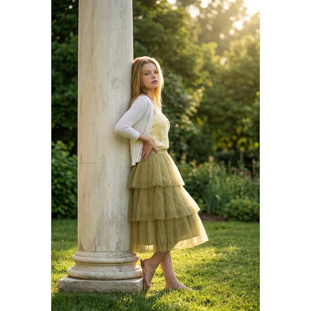 Rosie Posie Skirt Womens S Olive Green Tiered Tulle Midi Lined Pull-On